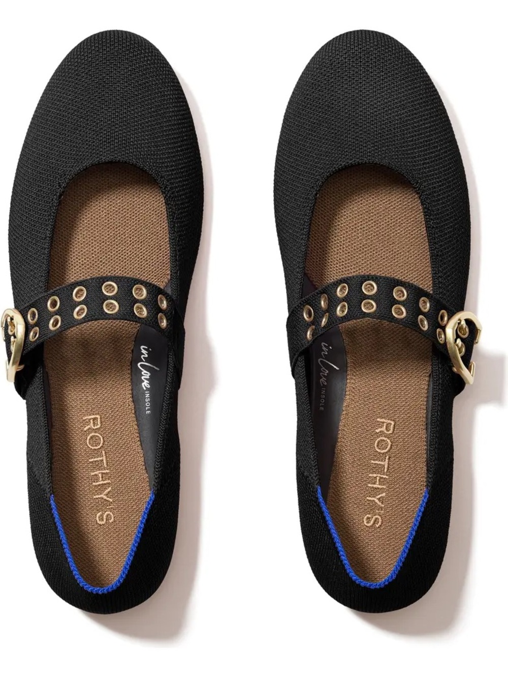 Rothy's Black Mary Jane Flats with Gold Grommet Strap - Size 5